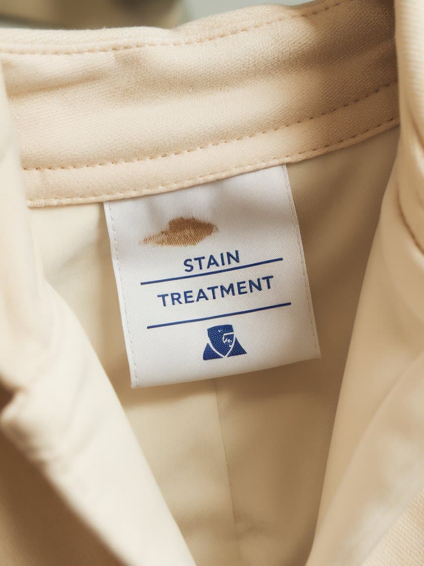 Clothing care label showing stain treatment instructions.