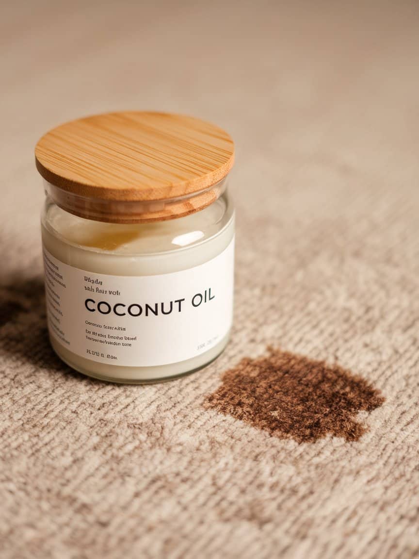 Coconut oil jar next to carpet stain.