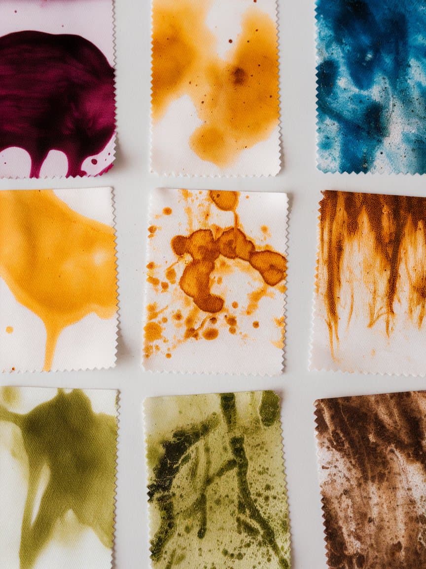 A collection of fabric swatches showing various types of stains.