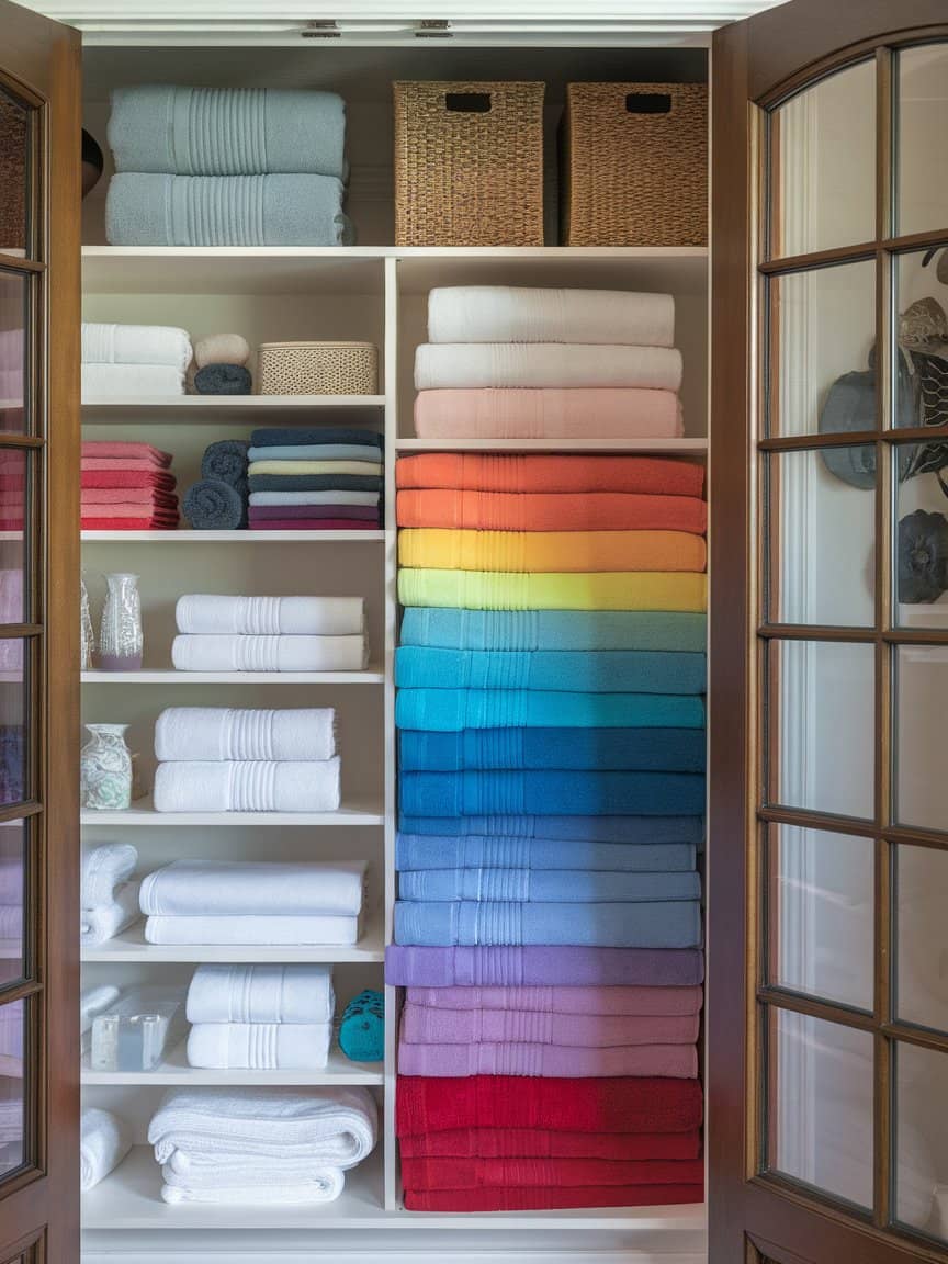 A neatly organized linen closet with colorful stacked towels.