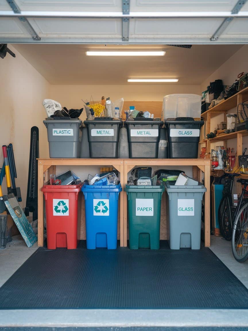 A dedicated recycling area in a garage with labeled bins for sorting materials.