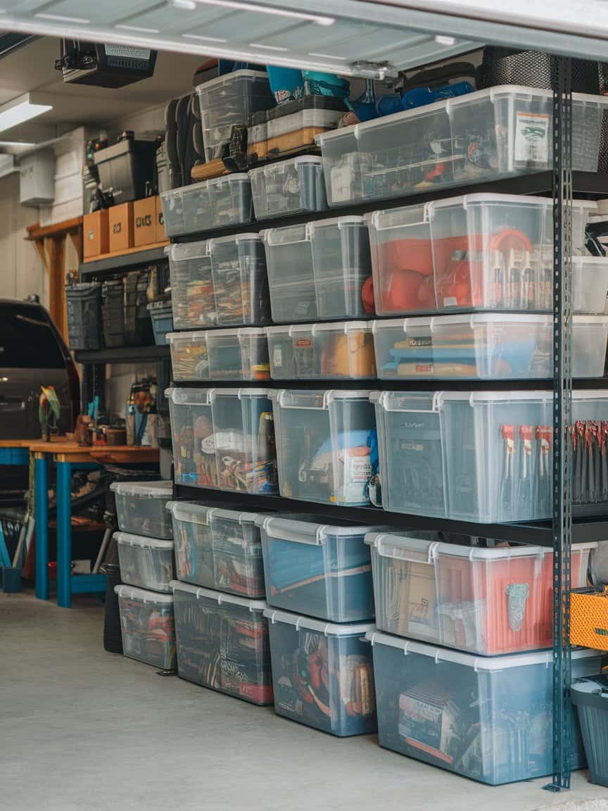Garage organization with clear storage bins filled with various items.