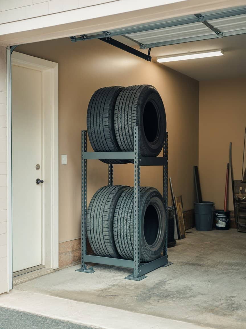 A photo of a garage with a tire rack in the corner.