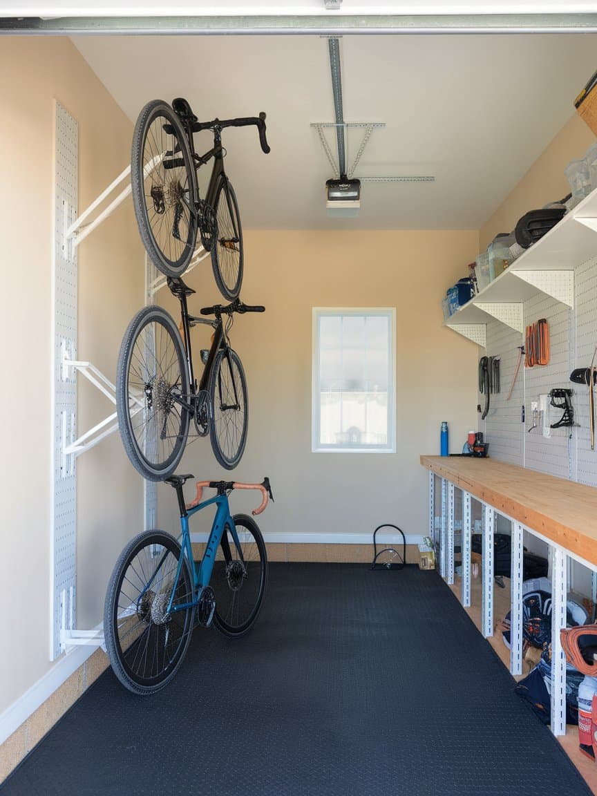 A garage with multiple bikes stored on wall-mounted racks and some bikes on the floor.