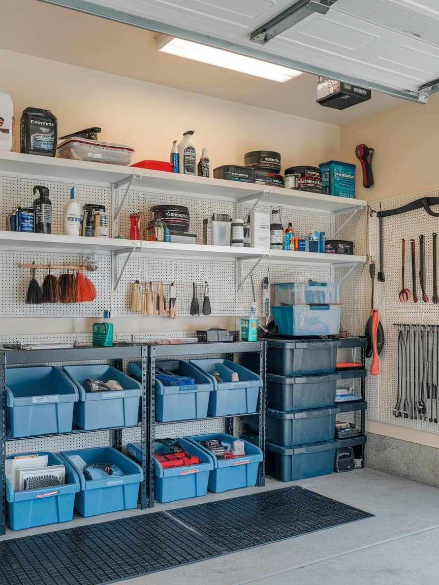 Neatly organized shelves with car care products and storage bins in a garage.
