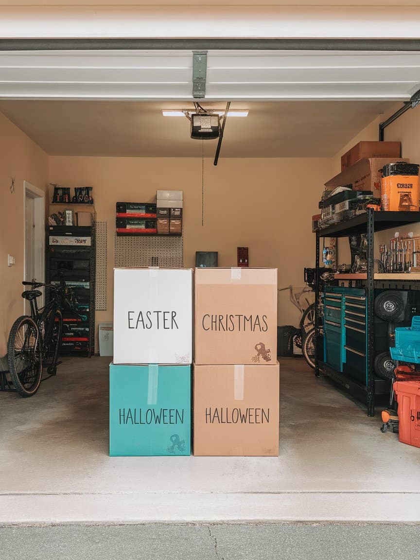 A garage filled with neatly stacked boxes containing seasonal decorations.