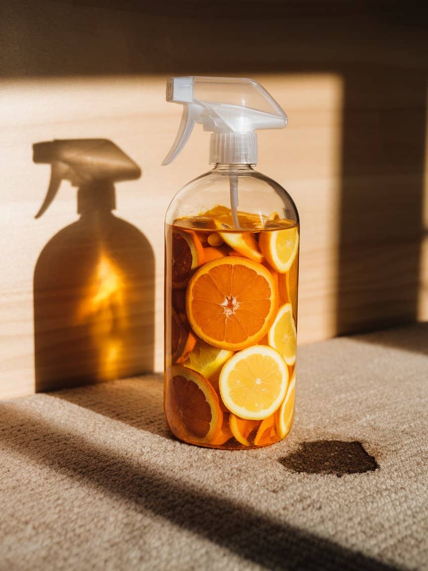 A photo of a glass spray bottle filled with a mixture of orange and lemon peels.