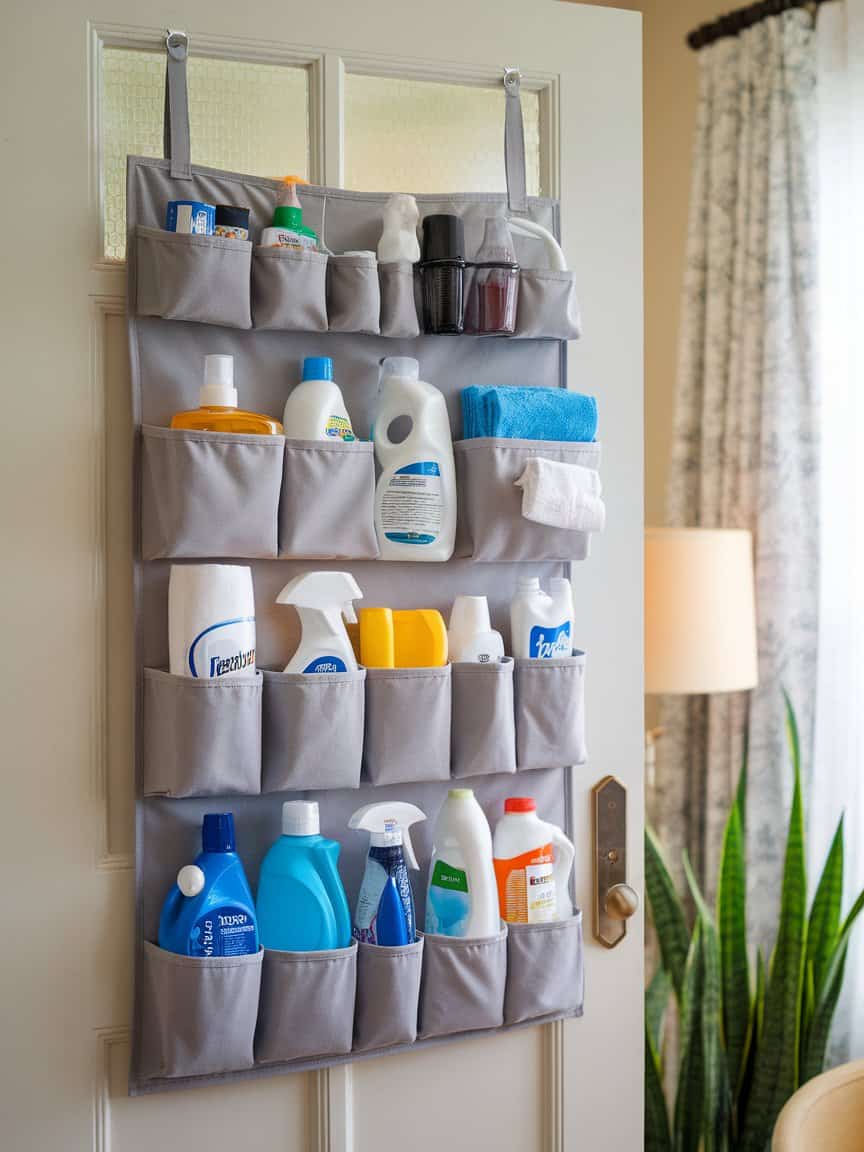 A gray over-the-door organizer holding various cleaning supplies like sprays, detergents, and towels.