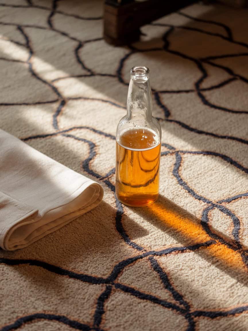A bottle of beer next to a folded cloth on a carpet.