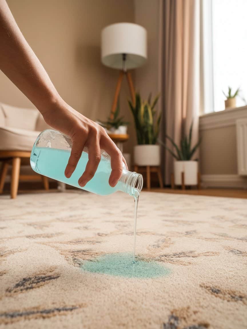 A hand pouring a blue liquid onto a carpet stain.