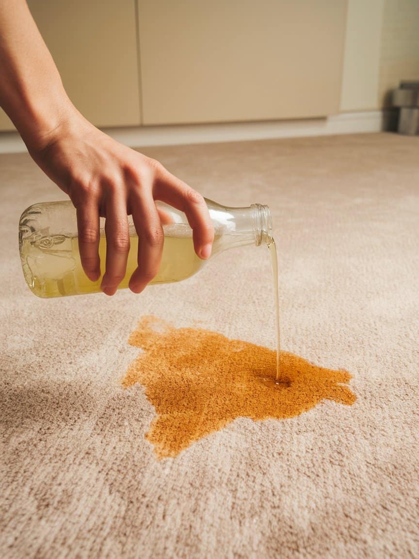 A hand pouring ginger ale onto a carpet with a stain.