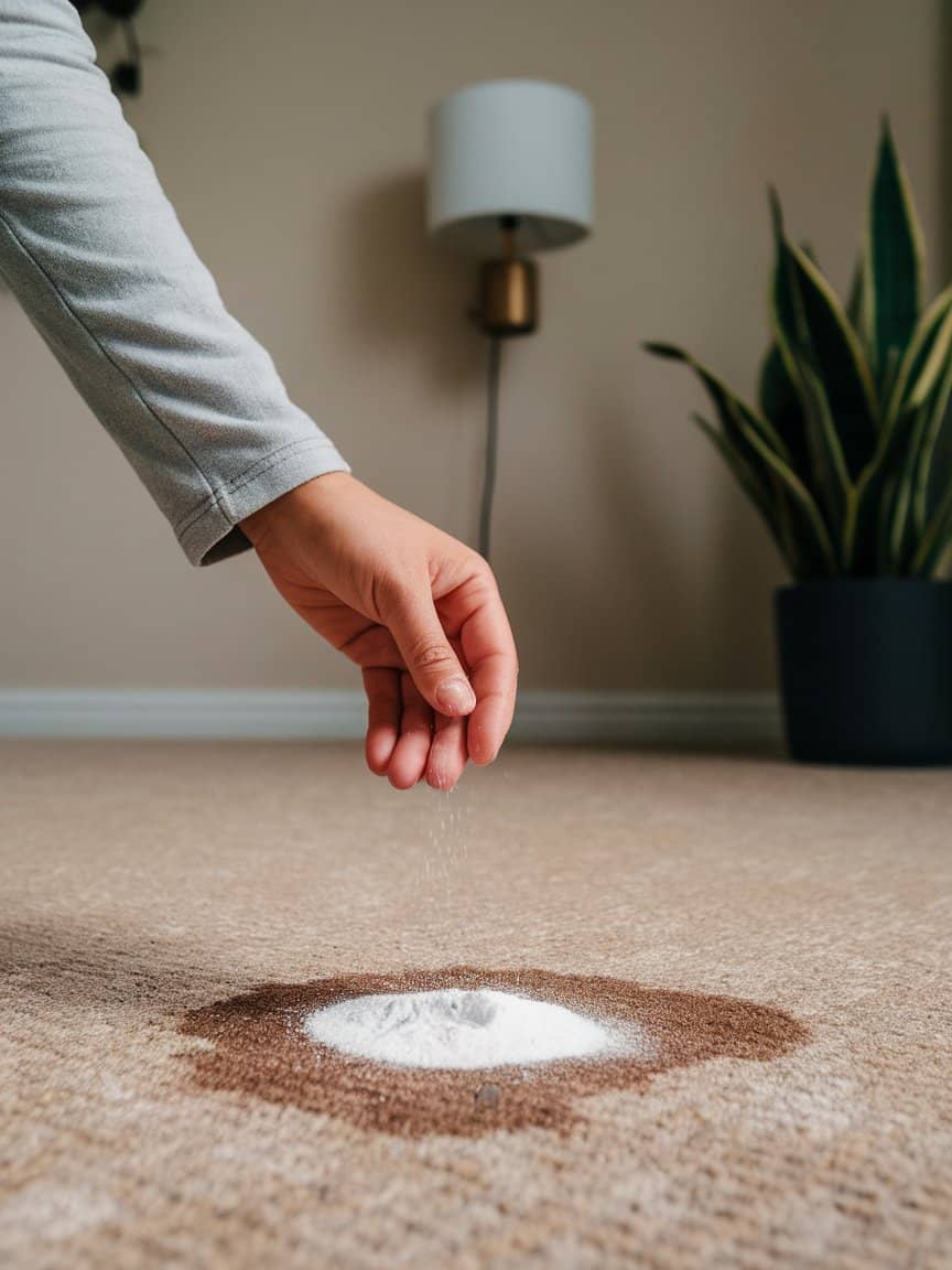 A hand sprinkling baking soda on a carpet to clean dog urine stains.