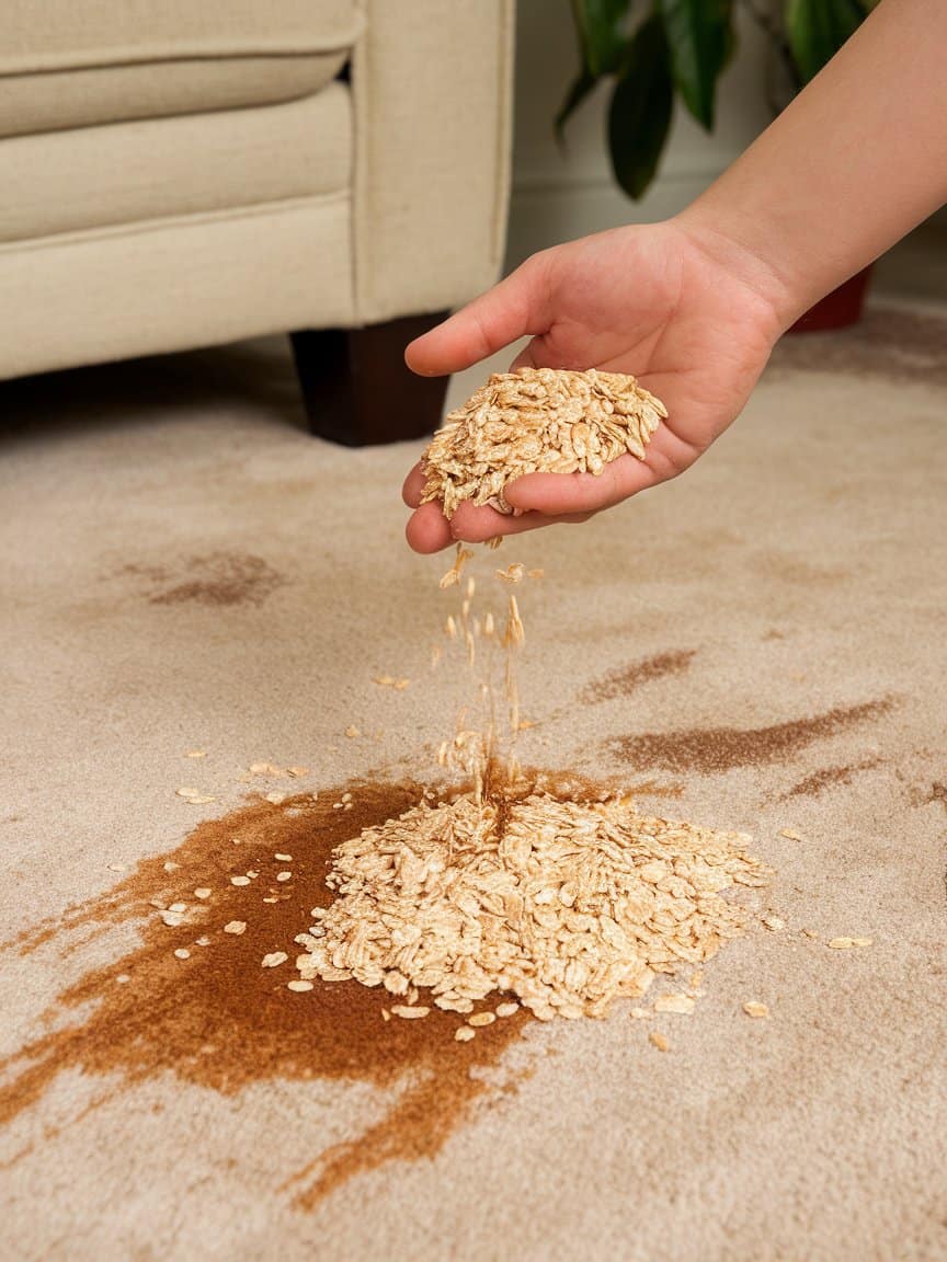 A hand pouring oatmeal onto a carpet.