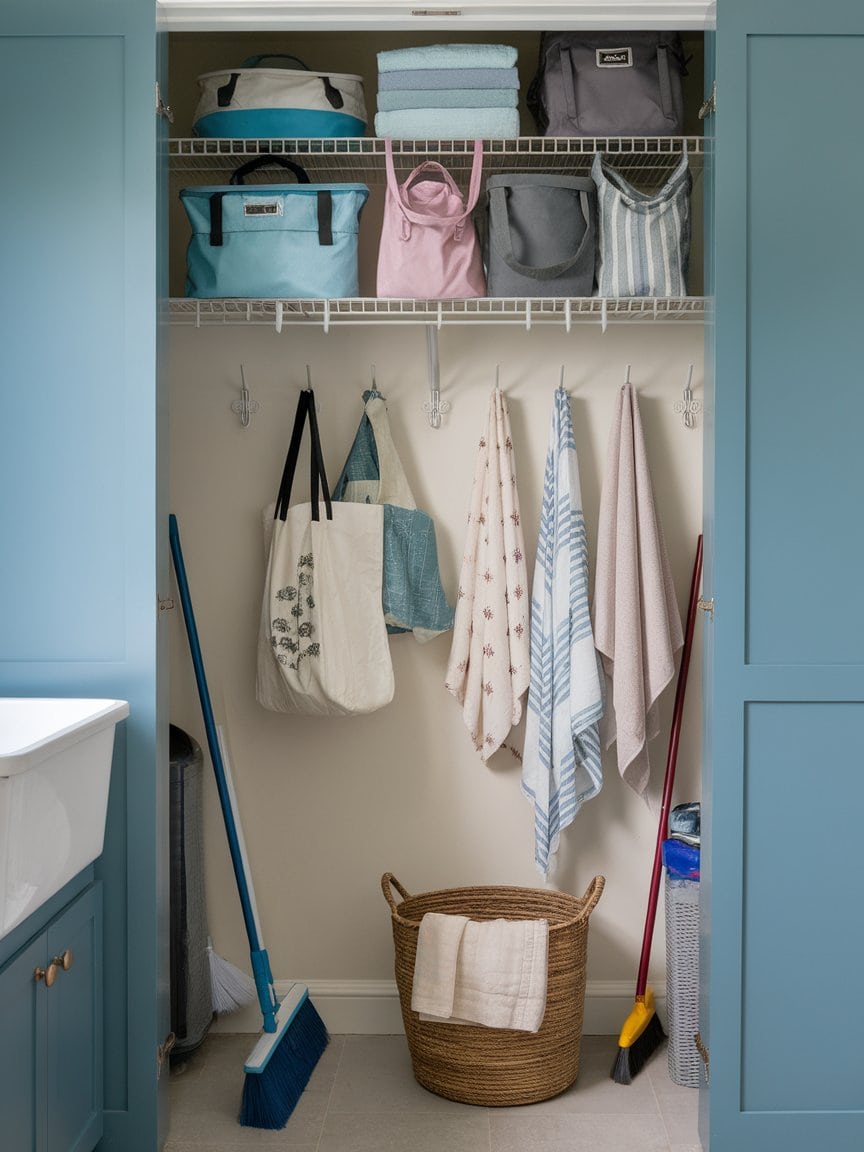 Laundry closet with hooks displaying various bags and a roller, showcasing organized space.