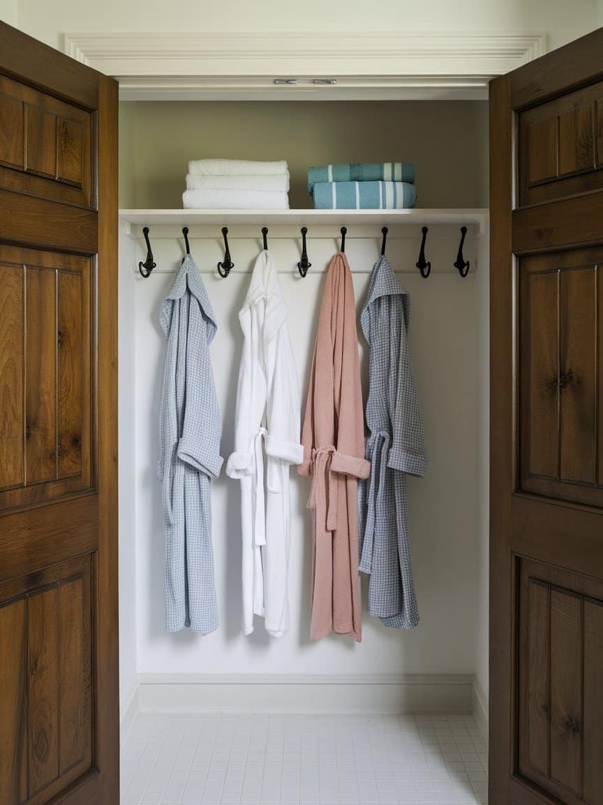 Linen closet with bathrobes hanging on hooks.