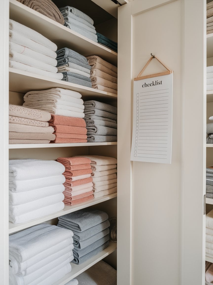 A linen closet with neatly folded towels and a checklist hanging on the door.