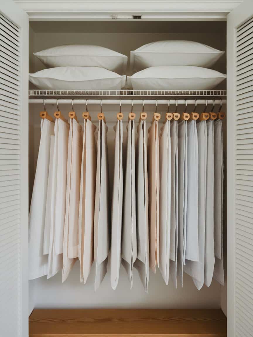 Linen closet with neatly organized sheets on hangers using tension rods.