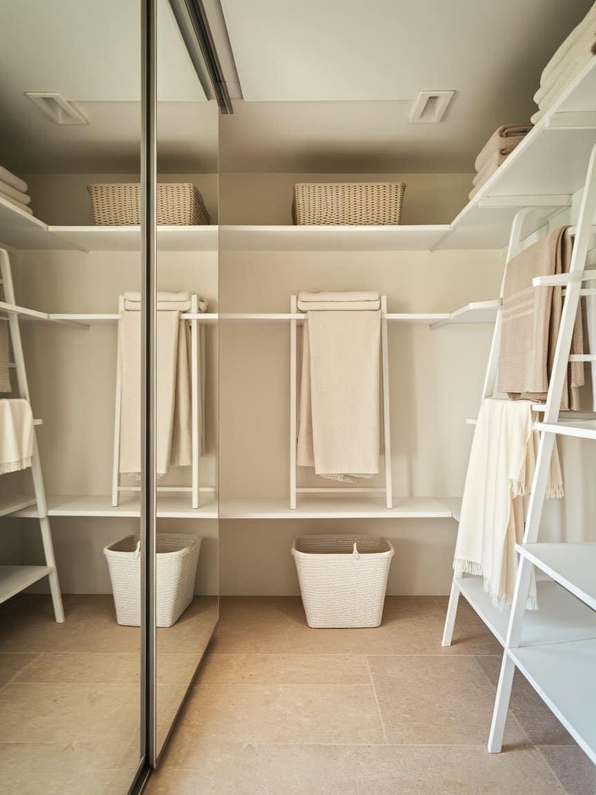 A minimalist linen closet with mirrors reflecting light, enhancing the space.