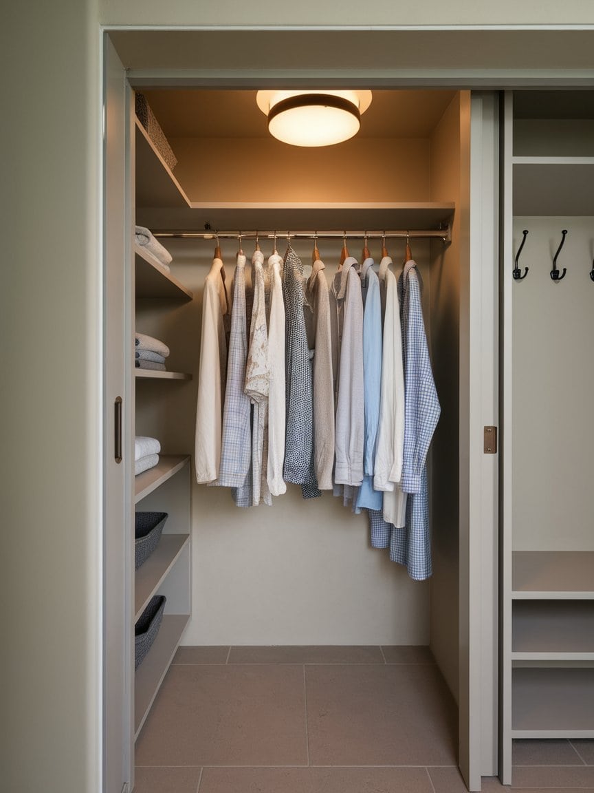 A modern laundry closet with a hanging rod displaying various shirts and garments.