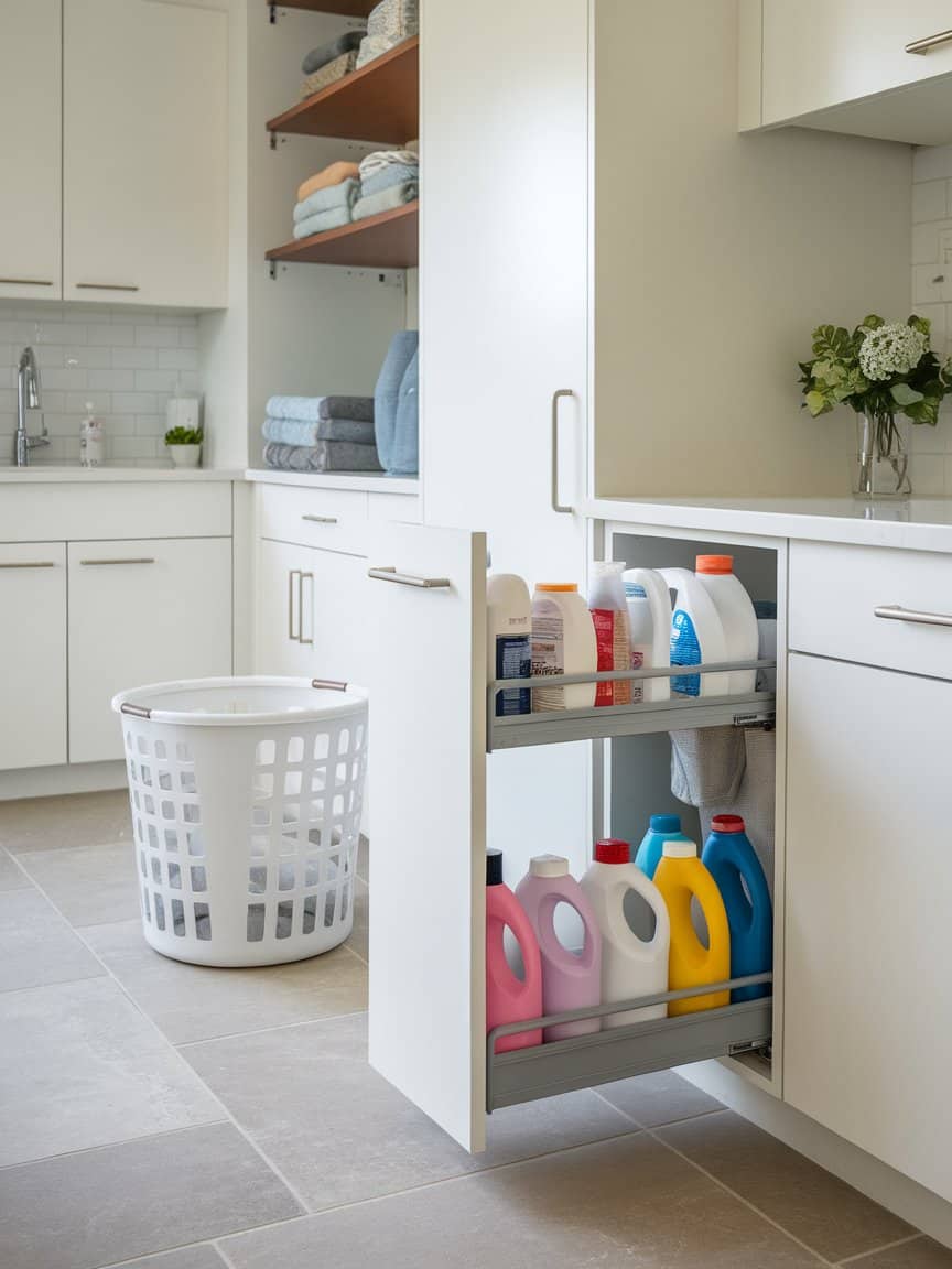 A modern laundry closet with pull-out drawers filled with colorful detergent bottles.