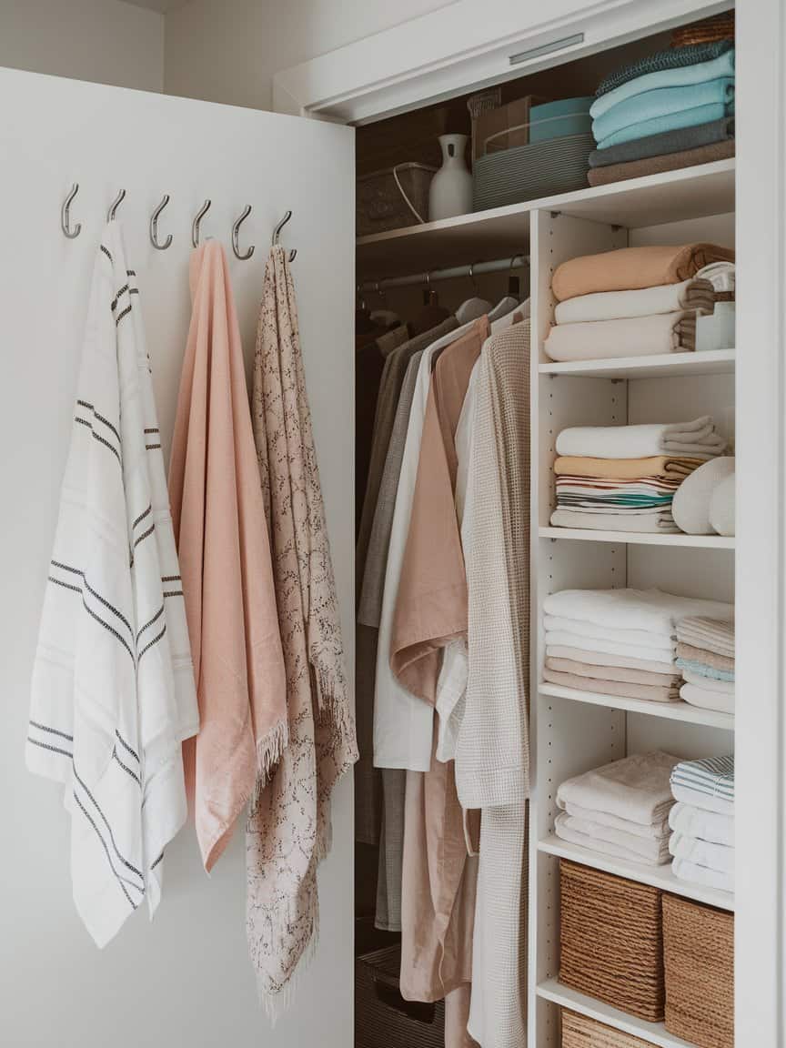 A neatly organized linen closet door with hanging clothes.