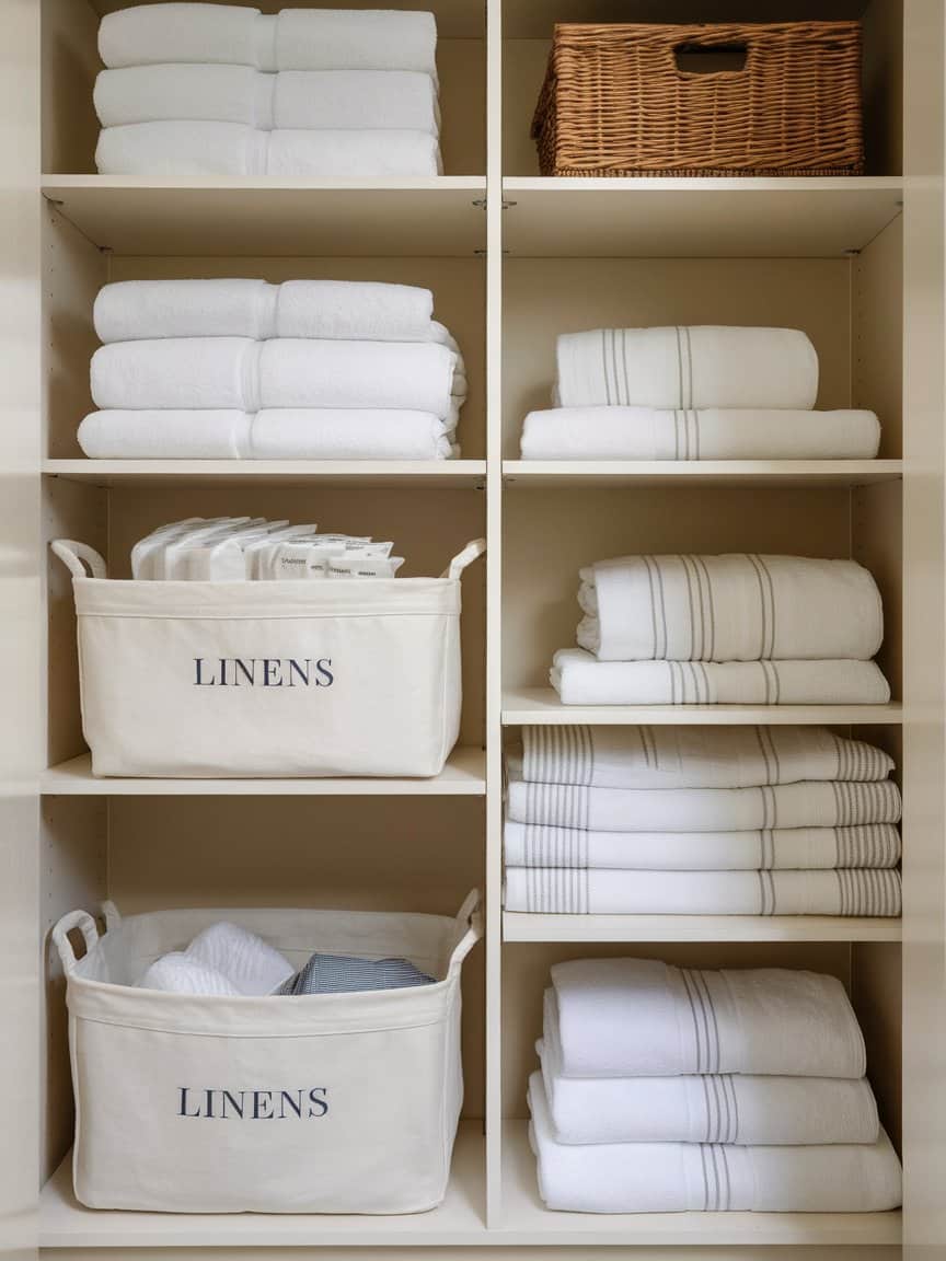 A neatly organized linen closet with a basket labeled 'Linens' for miscellaneous items, alongside stacked towels.