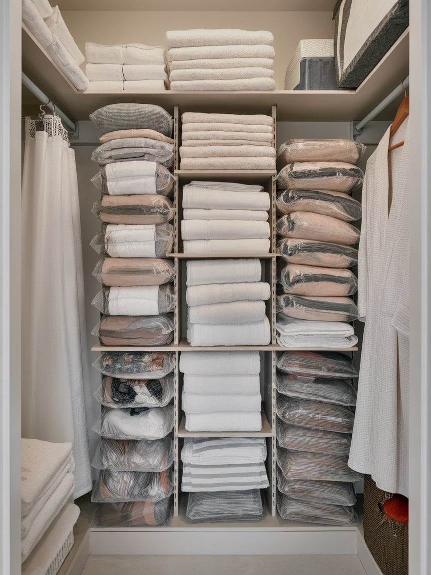 A neatly organized linen closet with vacuum-sealed bags and stacked pillows.