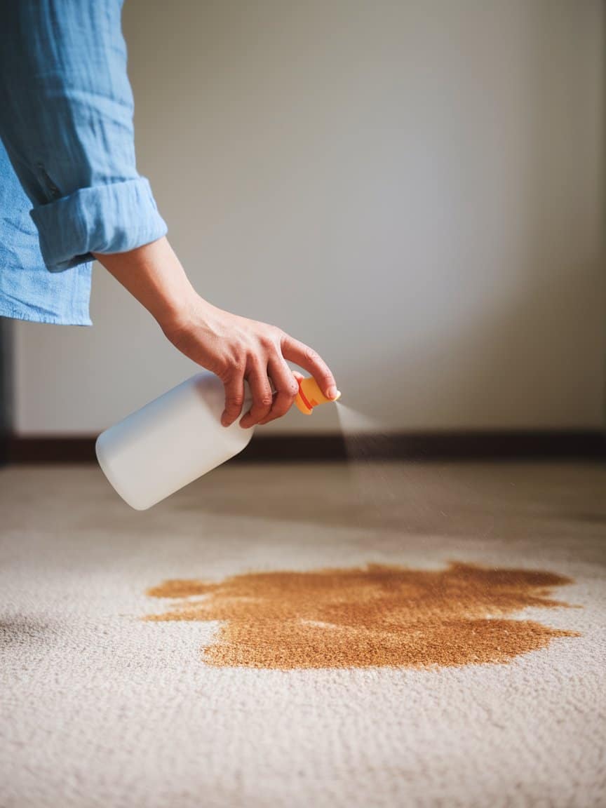 A person spraying a liquid cleaner onto a stained carpet.