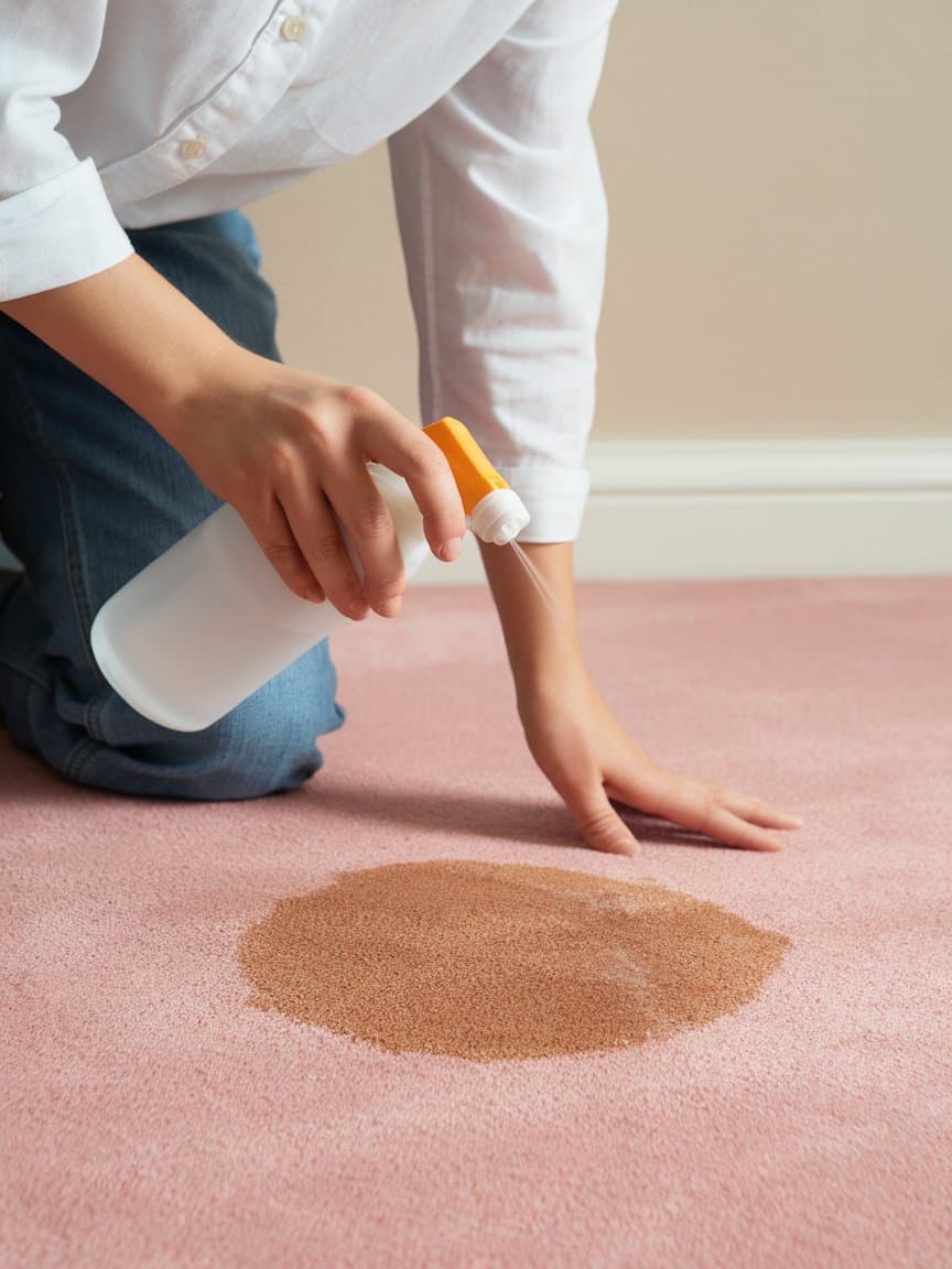 A person spraying soda water on a pink carpet to clean a stain.