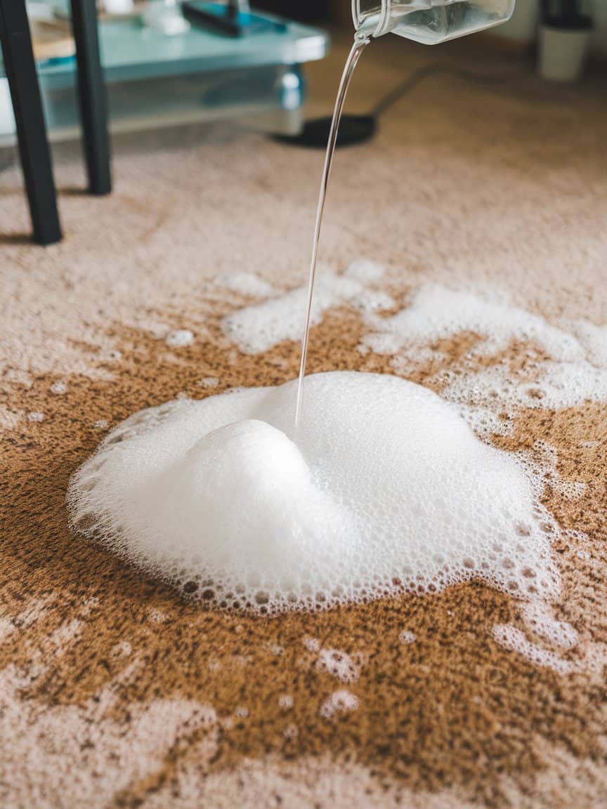 A reaction of baking soda and vinegar creating bubbles and foam.