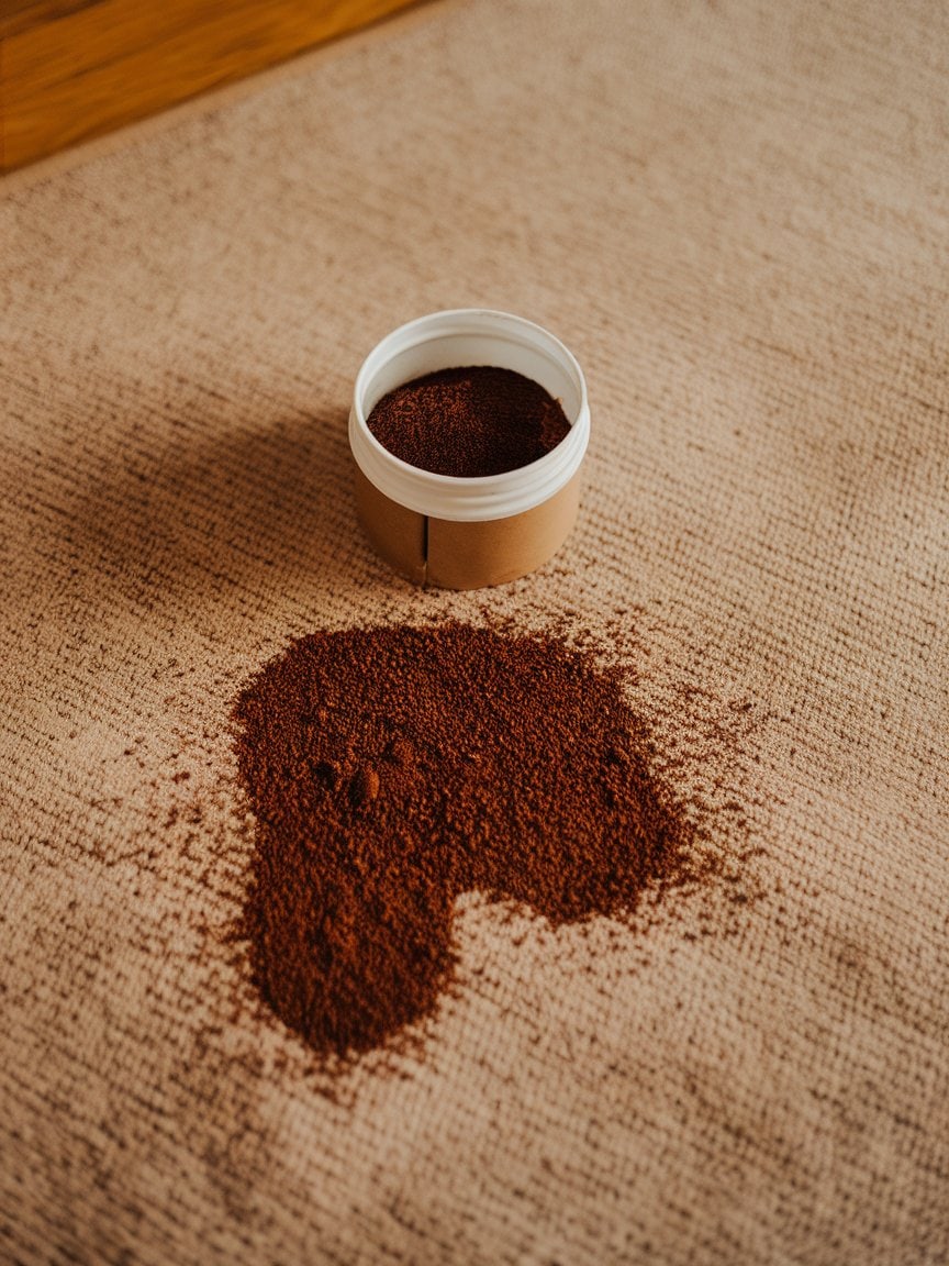 A small container of coffee grounds with some on a carpet.