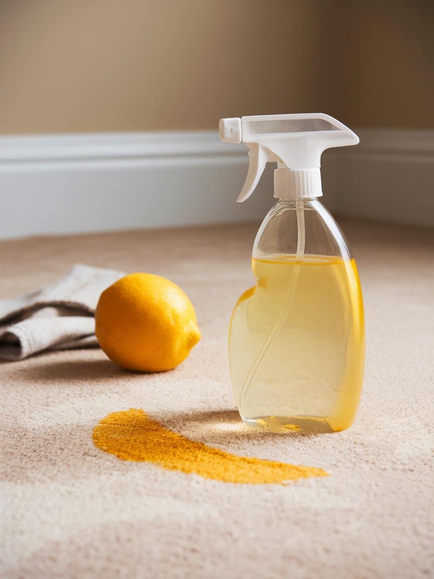 A lemon and a spray bottle on a surface with a cloth.