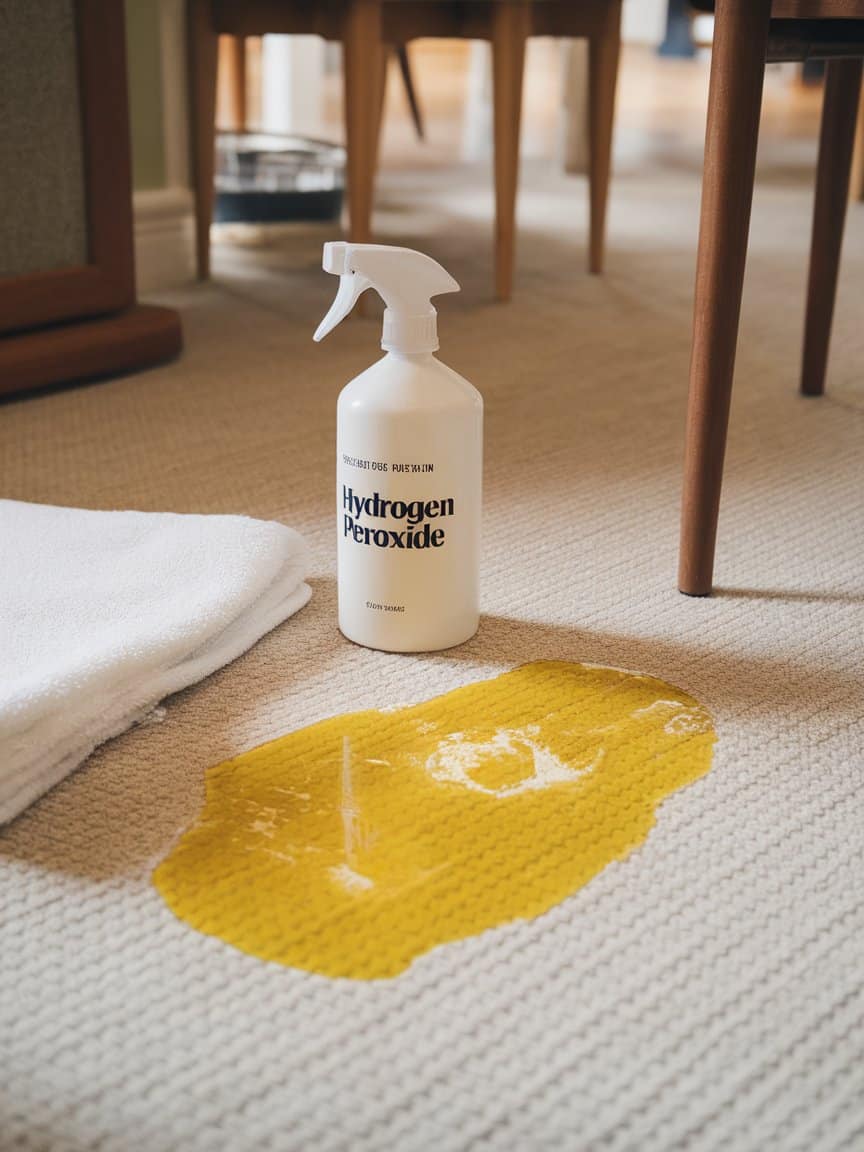 Spray bottle labeled hydrogen peroxide next to a large yellow stain on carpet.