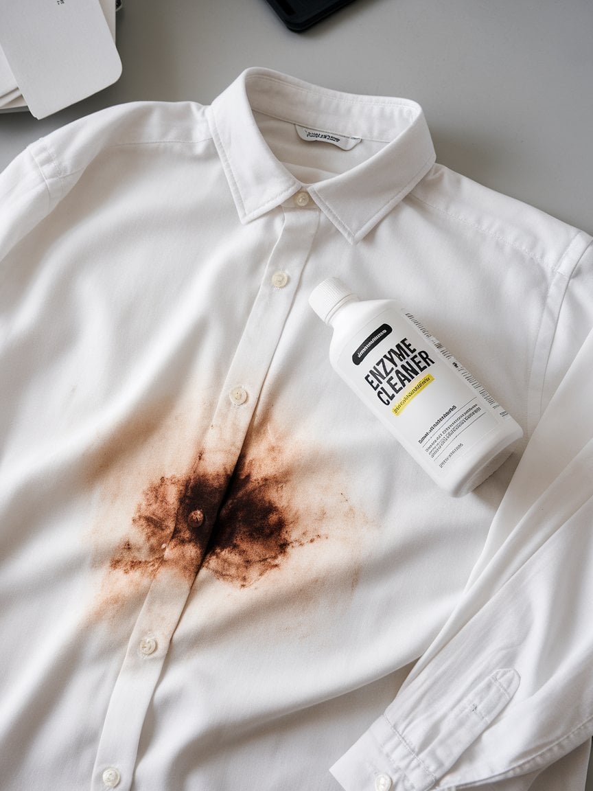A stained shirt with a bottle of enzyme cleaner beside it.