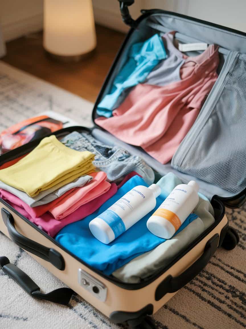 A suitcase filled with colorful clothes and stain removal products.
