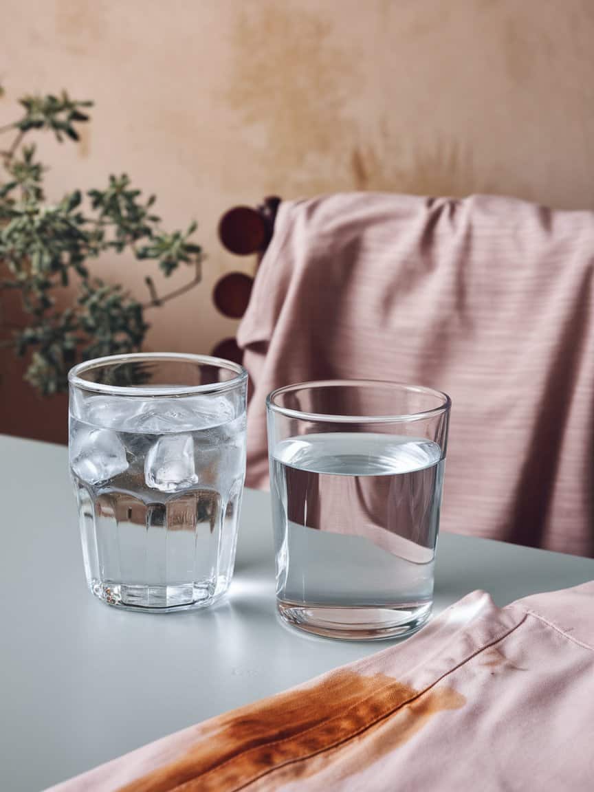 A photo of a table with a glass of cold water, a glass of hot water, and a shirt with a stain.