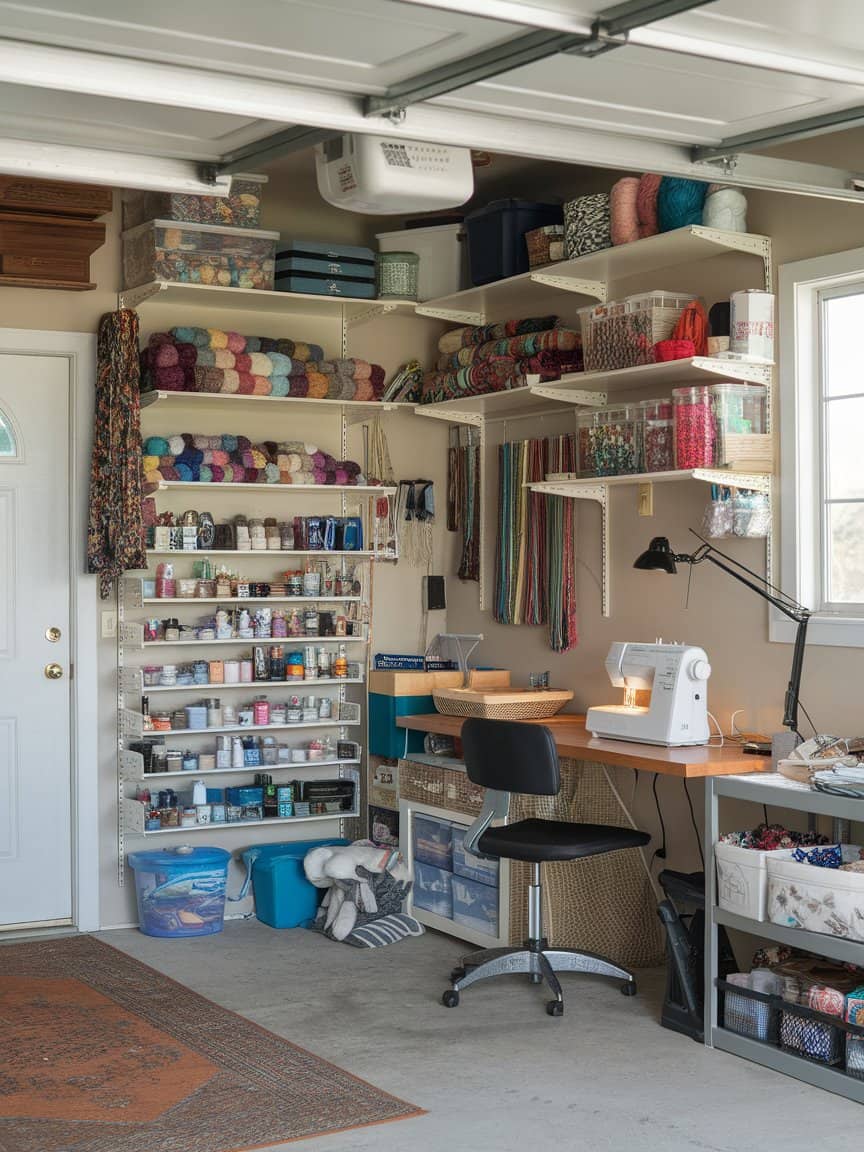 A well-organized crafting corner with shelves and a work table in a garage.