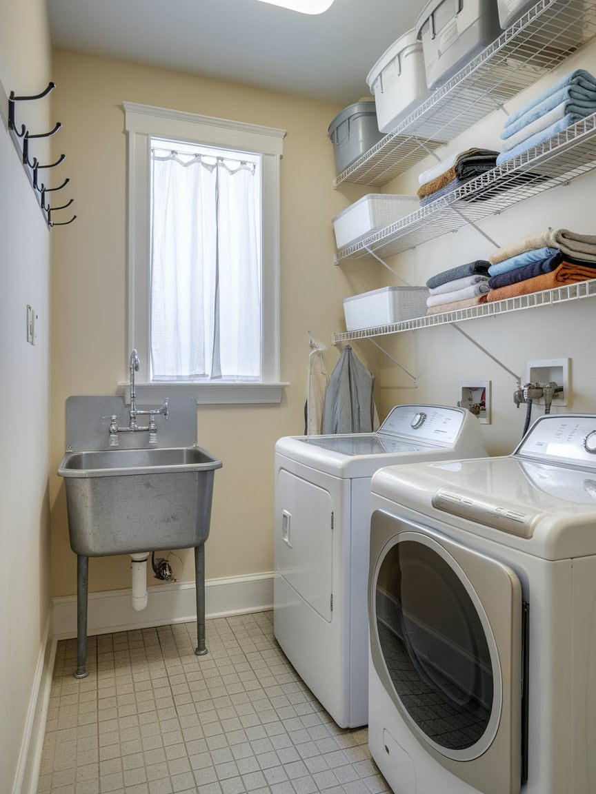 A well-organized laundry closet featuring a utility sink, washing machines, and neatly arranged shelves.