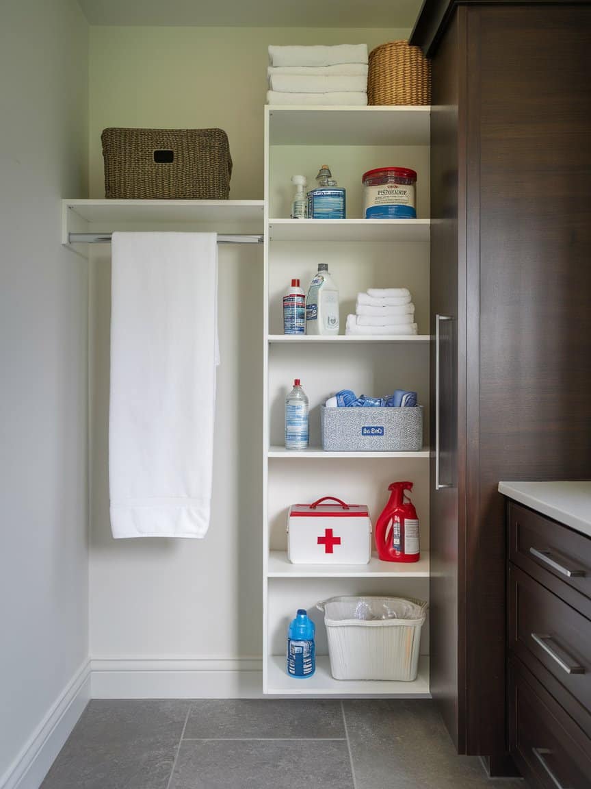 A well-organized laundry closet featuring cleaning supplies, towels, and an emergency supply kit.