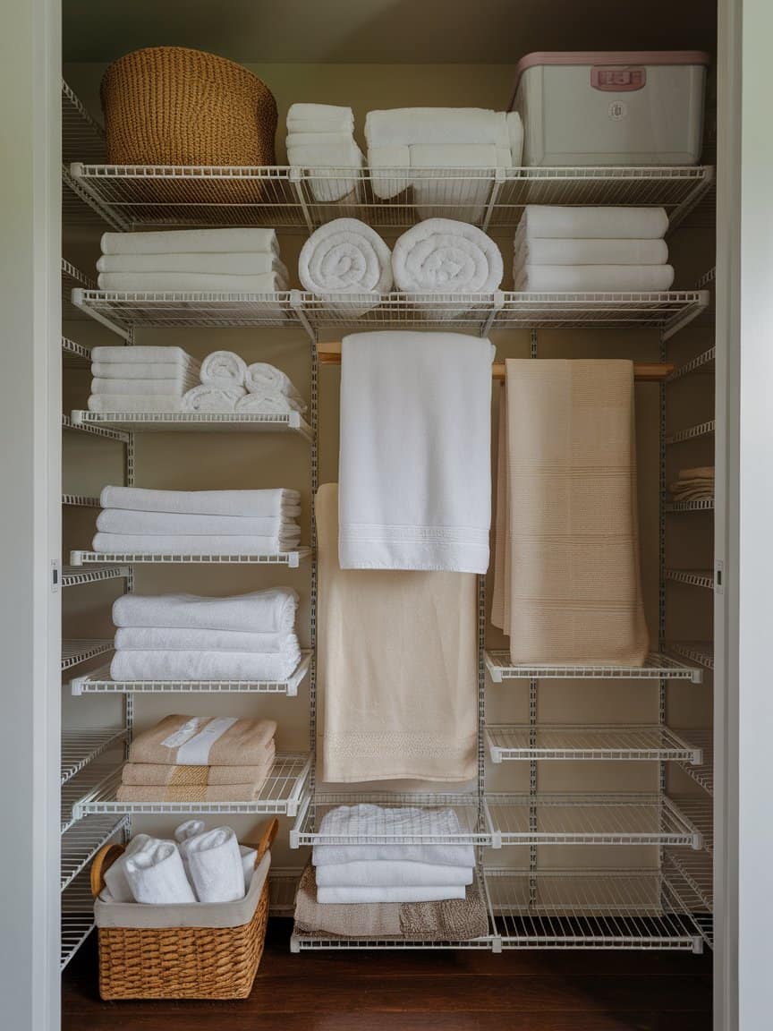 A well-organized linen closet with a shoe rack holding linens and towels.