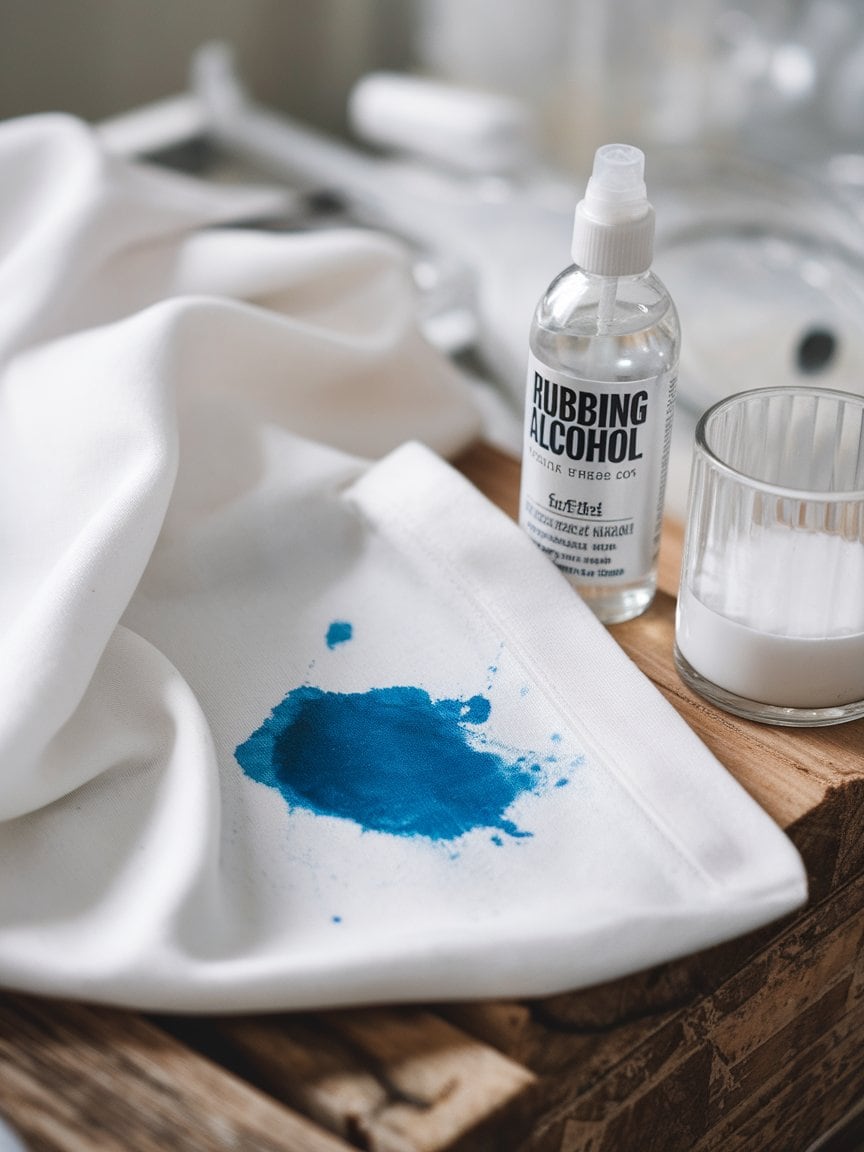 Household items like rubbing alcohol and hairspray used for ink stain removal on fabric.