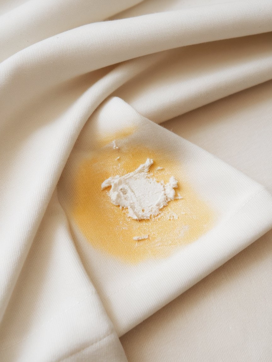 A photo of a close-up shot of a white fabric with a yellowish sweat stain. There's a white paste applied to the stain.