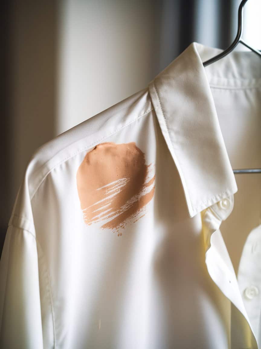 A photo of a white shirt with a beige foundation makeup stain.
