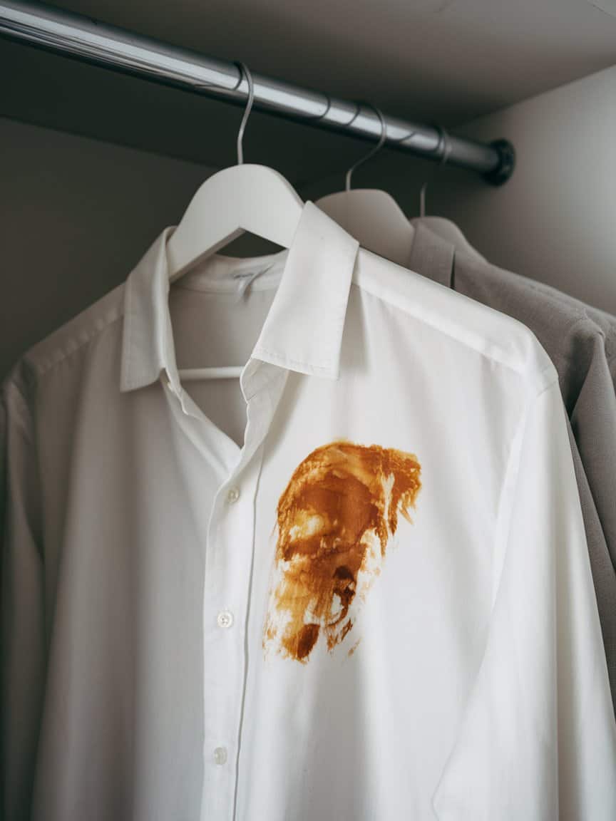 A photo of a white shirt with a coffee stain.