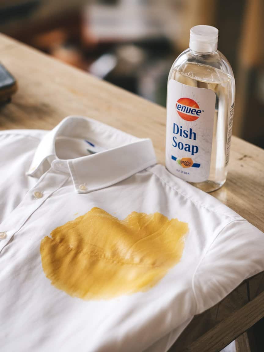 A photo of a white shirt with a large oil stain. There is a bottle of dish soap beside the shirt.