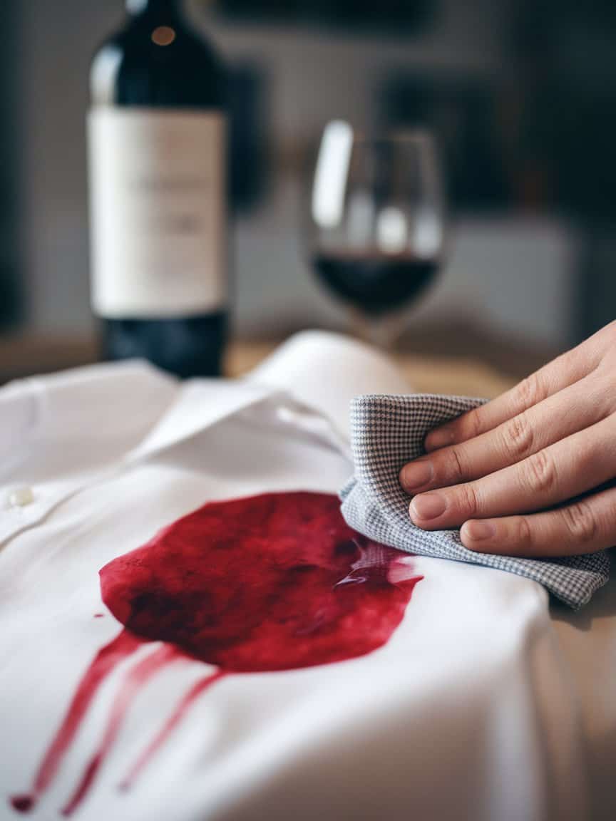 A close-up of red wine stain being cleaned.