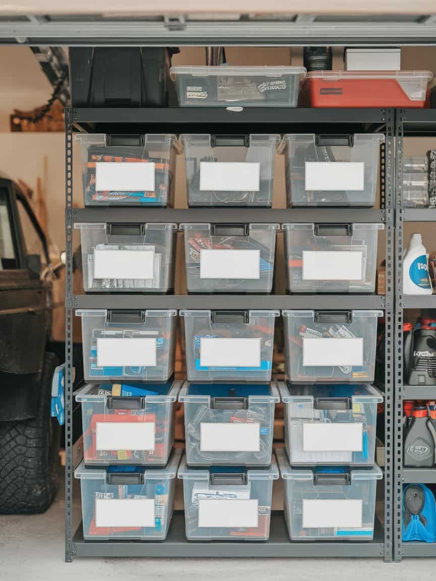 Organized bulk storage in a garage with labeled bins and boxes