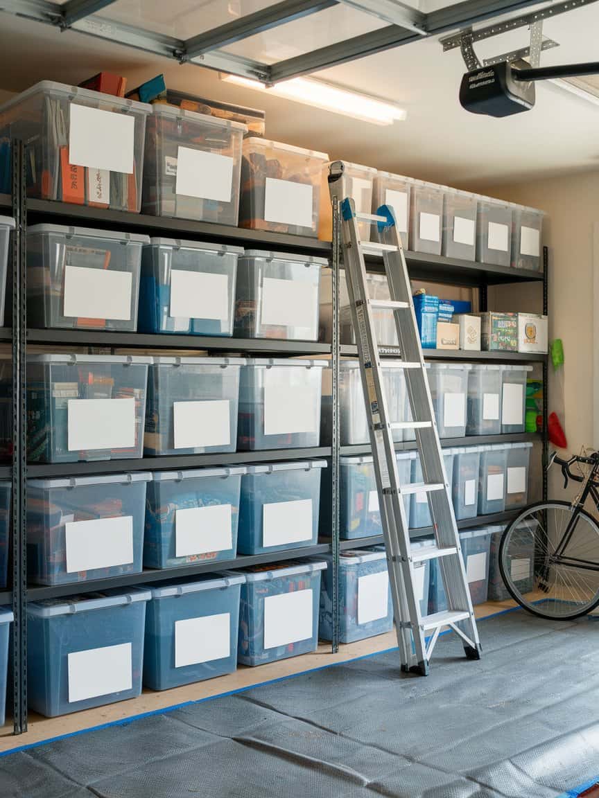 Organized garage storage with labeled bins and boxes.