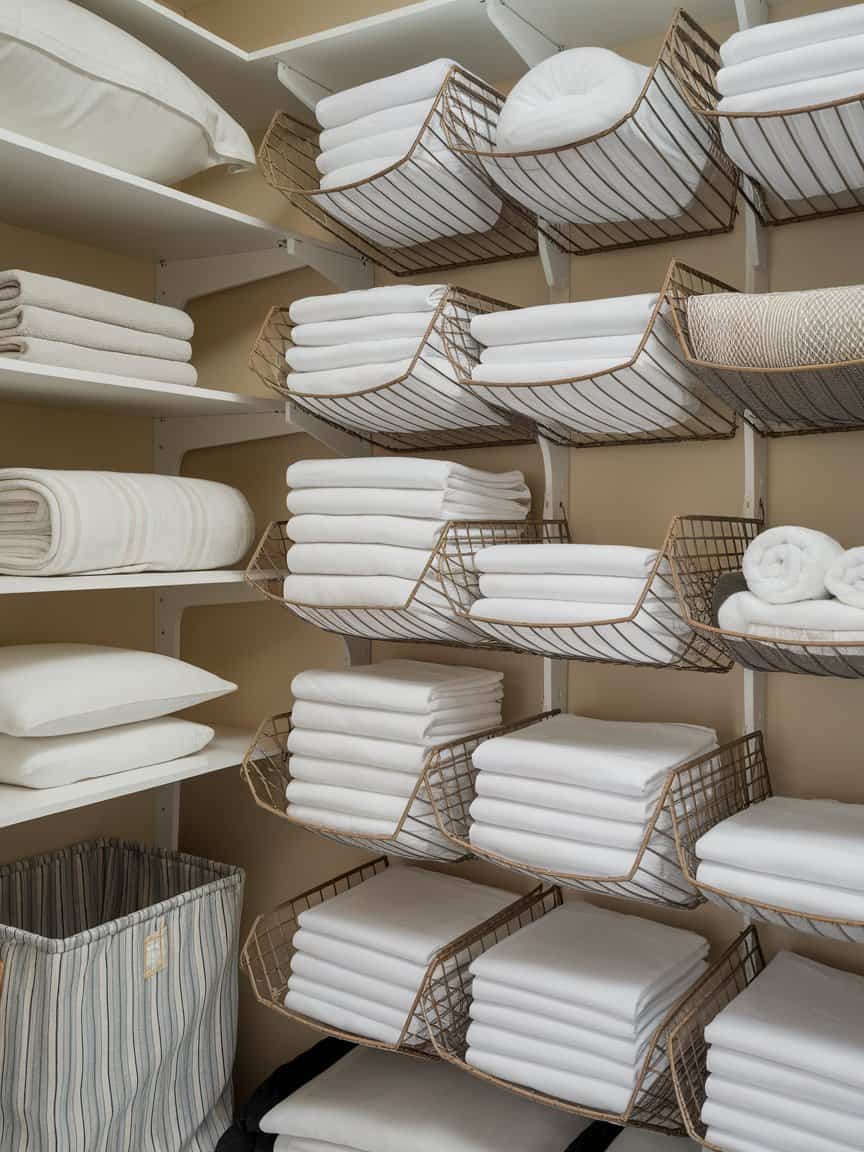 Organized linen closet with sheets stored in magazine holders.