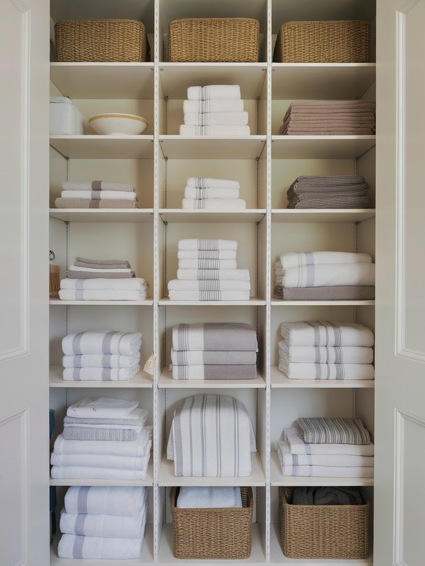 Organized linen closet with shelves and towel stacks.